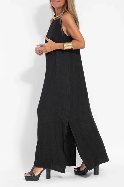 Vestido informal sencillo, liso, con abertura y cuello redondo, sin mangas (3 colores)