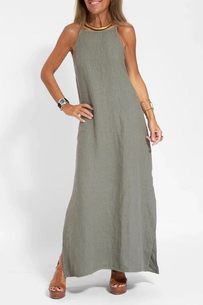 Vestido informal sencillo, liso, con abertura y cuello redondo, sin mangas (3 colores)