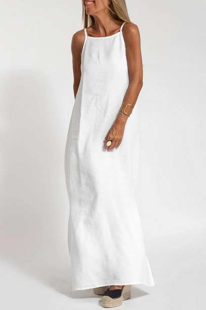 Vestido informal sencillo, liso, con abertura y cuello redondo, sin mangas (3 colores)