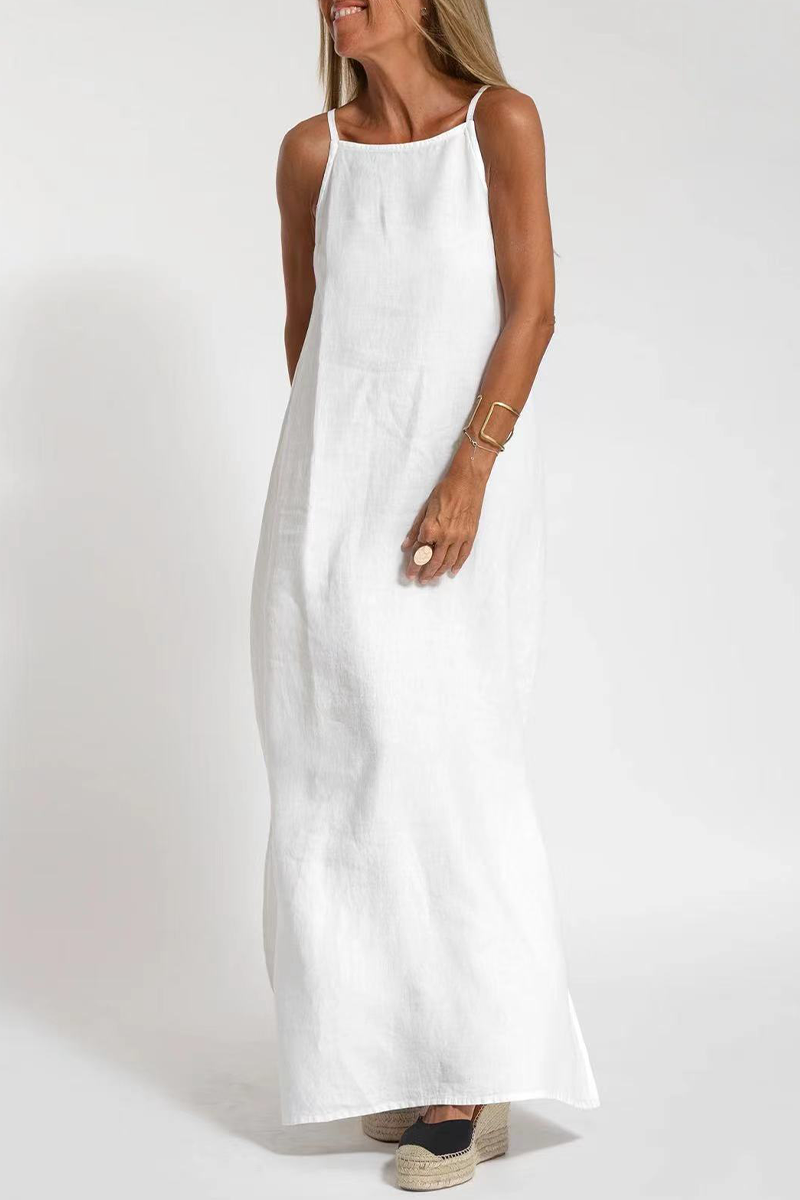 Vestido informal sencillo, liso, con abertura y cuello redondo, sin mangas (3 colores)