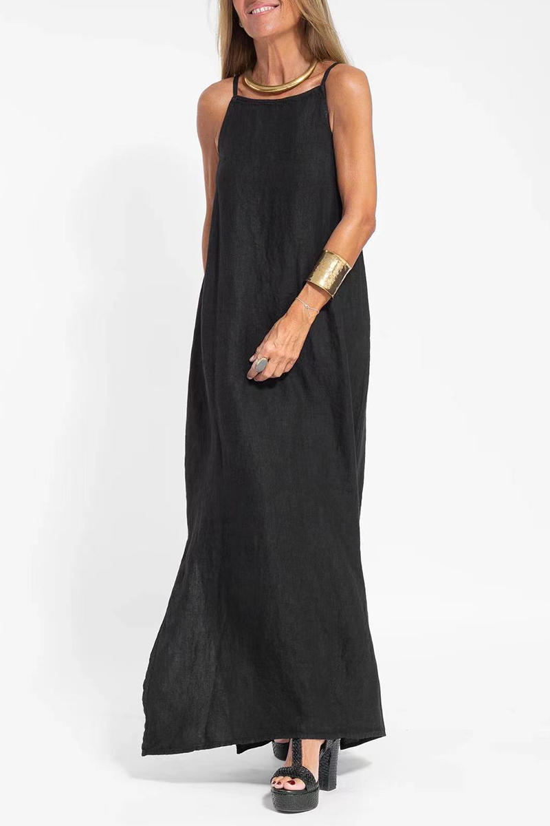 Vestido informal sencillo, liso, con abertura y cuello redondo, sin mangas (3 colores)