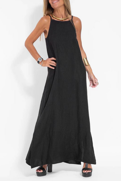 Vestido informal sencillo, liso, con abertura y cuello redondo, sin mangas (3 colores)