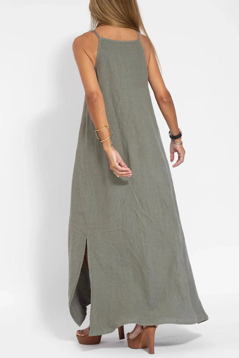 Vestido informal sencillo, liso, con abertura y cuello redondo, sin mangas (3 colores)