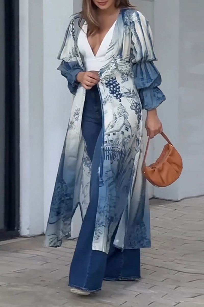 Tops casuales con cuello tipo cárdigan con abertura y estampado floral