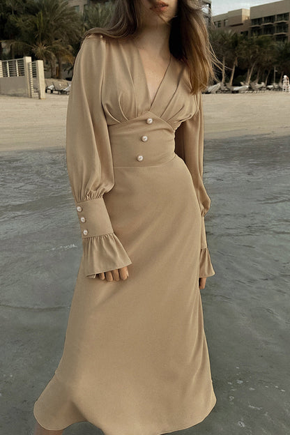 Vestidos elegantes de corte A con escote en V y botones lisos y simplicidad