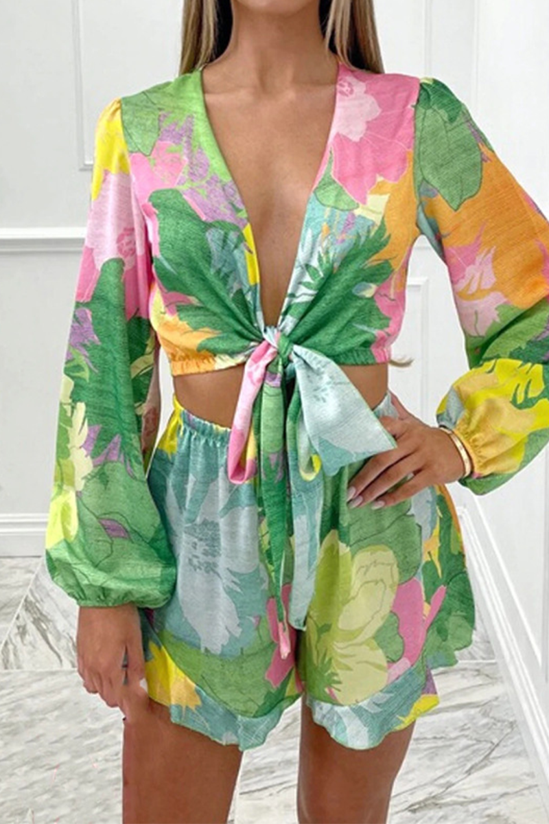 Conjunto informal de dos piezas con cuello en V, manga larga y estampado de frenillo sin posicionamiento