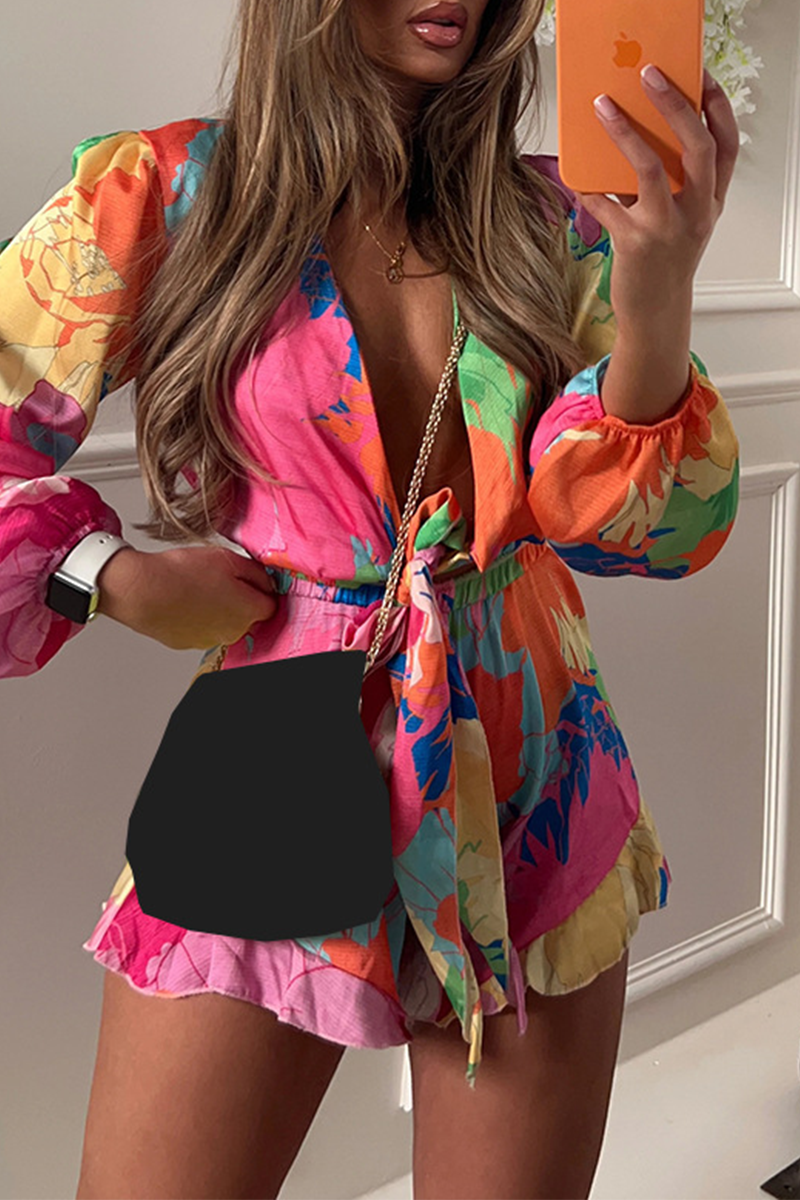 Conjunto informal de dos piezas con cuello en V, manga larga y estampado de frenillo sin posicionamiento