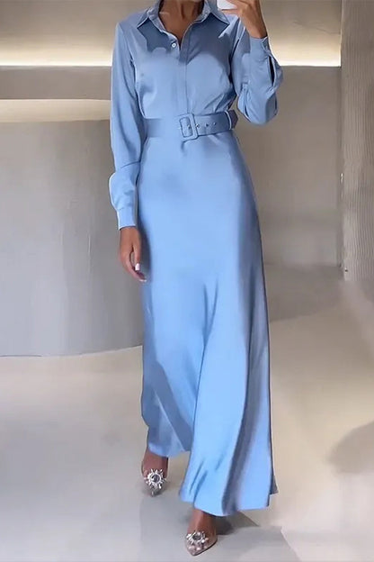 Elegante vestido camisero liso con cinturón y cuello vuelto
