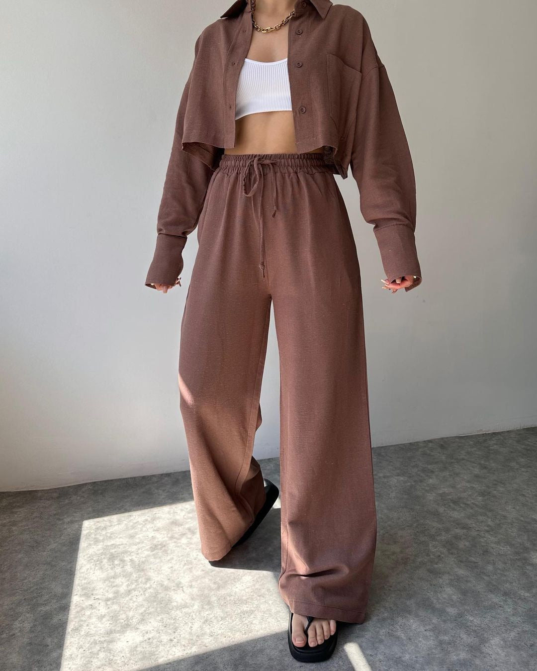 Collared Drawstring Two Piece Pants Set