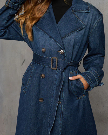 Casual Retro-Inspired Denim Trench Coat