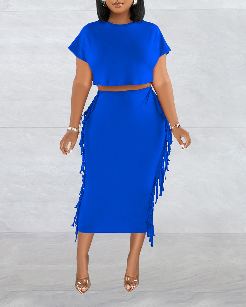 Fringed Crewneck Short-Sleeved Long Skirt Set