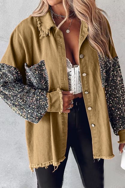 Blusa informal con cuello vuelto, bolsillos y lentejuelas lisas