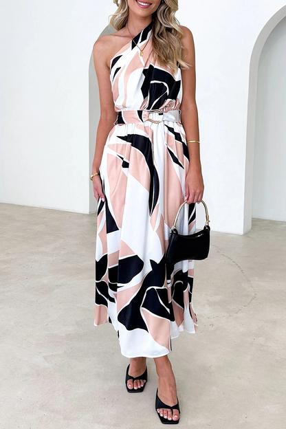 Vestidos sexis con falda y cintura oblicua con cuello y espalda descubierta y flores