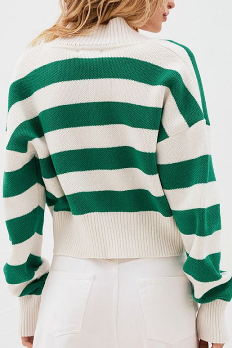 Prenda exterior con cuello en V y tejido de contraste de rayas de calle