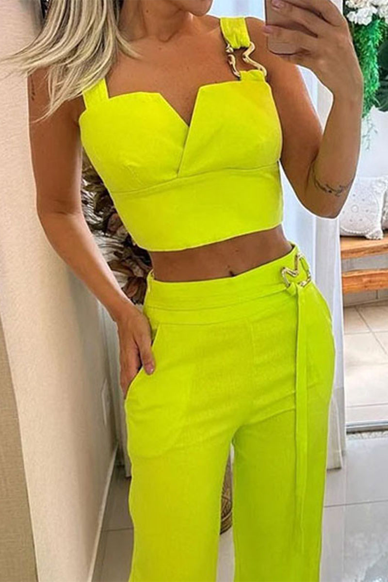 Conjunto de dos piezas con cuello cuadrado, sin mangas y accesorios de metal sólido, sexy y sencillo