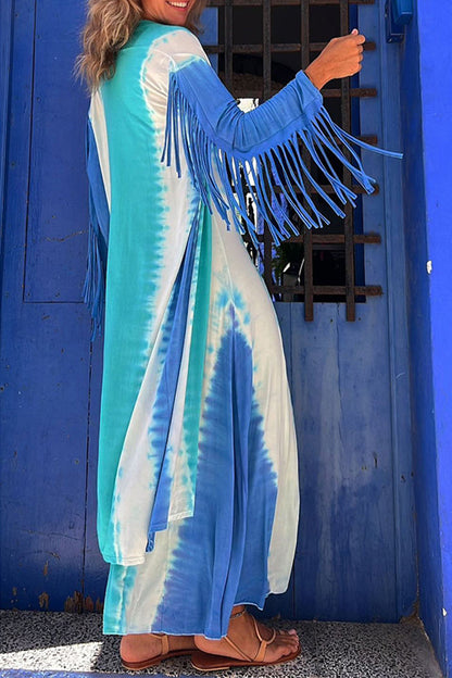 Prenda exterior informal con cuello tipo cárdigan y borlas con estampado geométrico