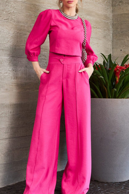 Elegant Solid Pocket O Neck Long Sleeve Two Pieces