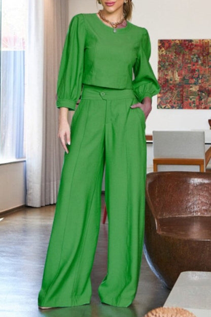 Elegant Solid Pocket O Neck Long Sleeve Two Pieces