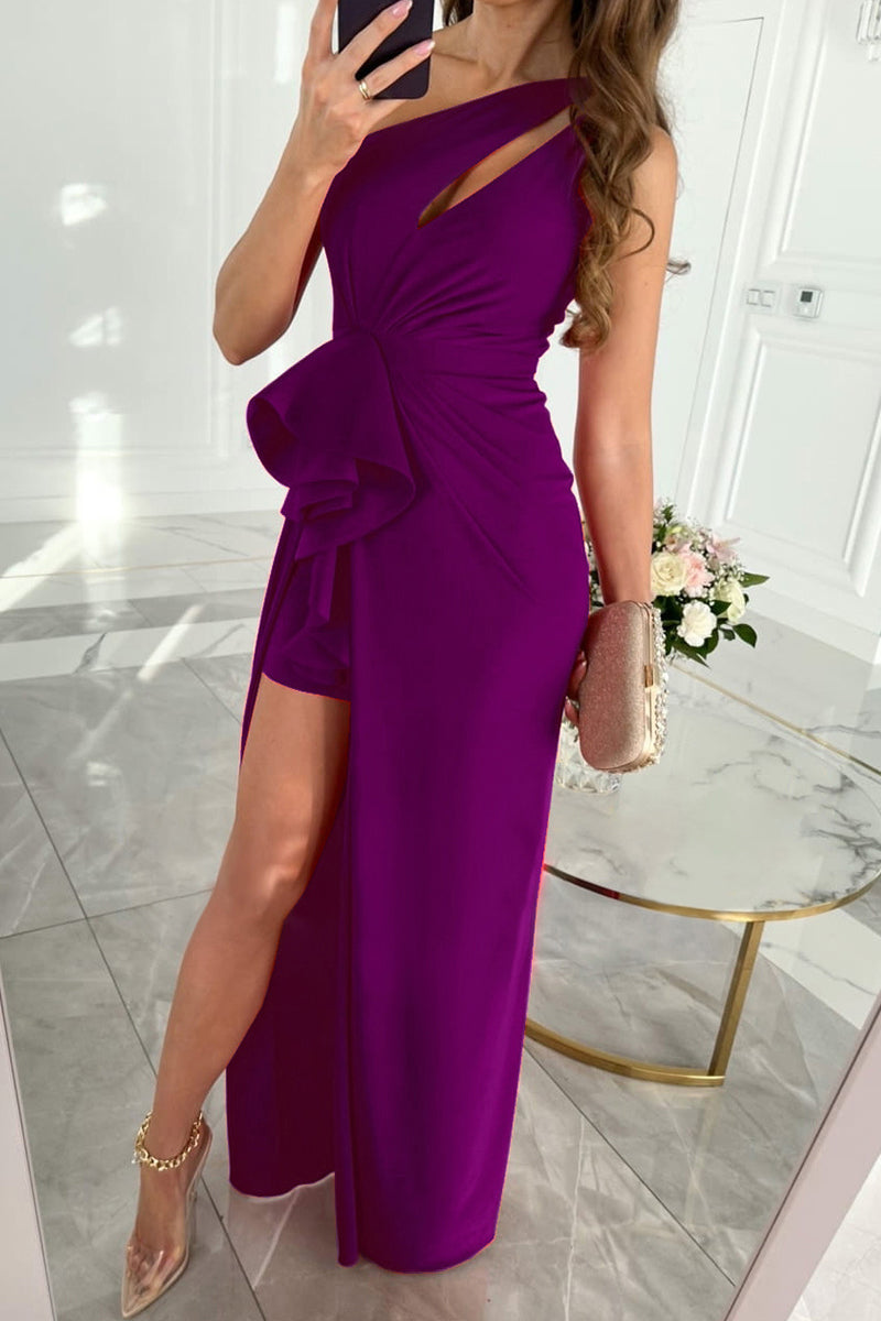 Vestido de noche elegante de celebridades con cuello oblicuo y pliegues lisos (5 colores)