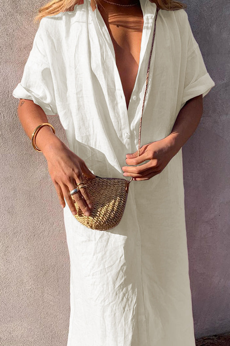 Vestido camisero informal sencillo con botones lisos y cuello vuelto