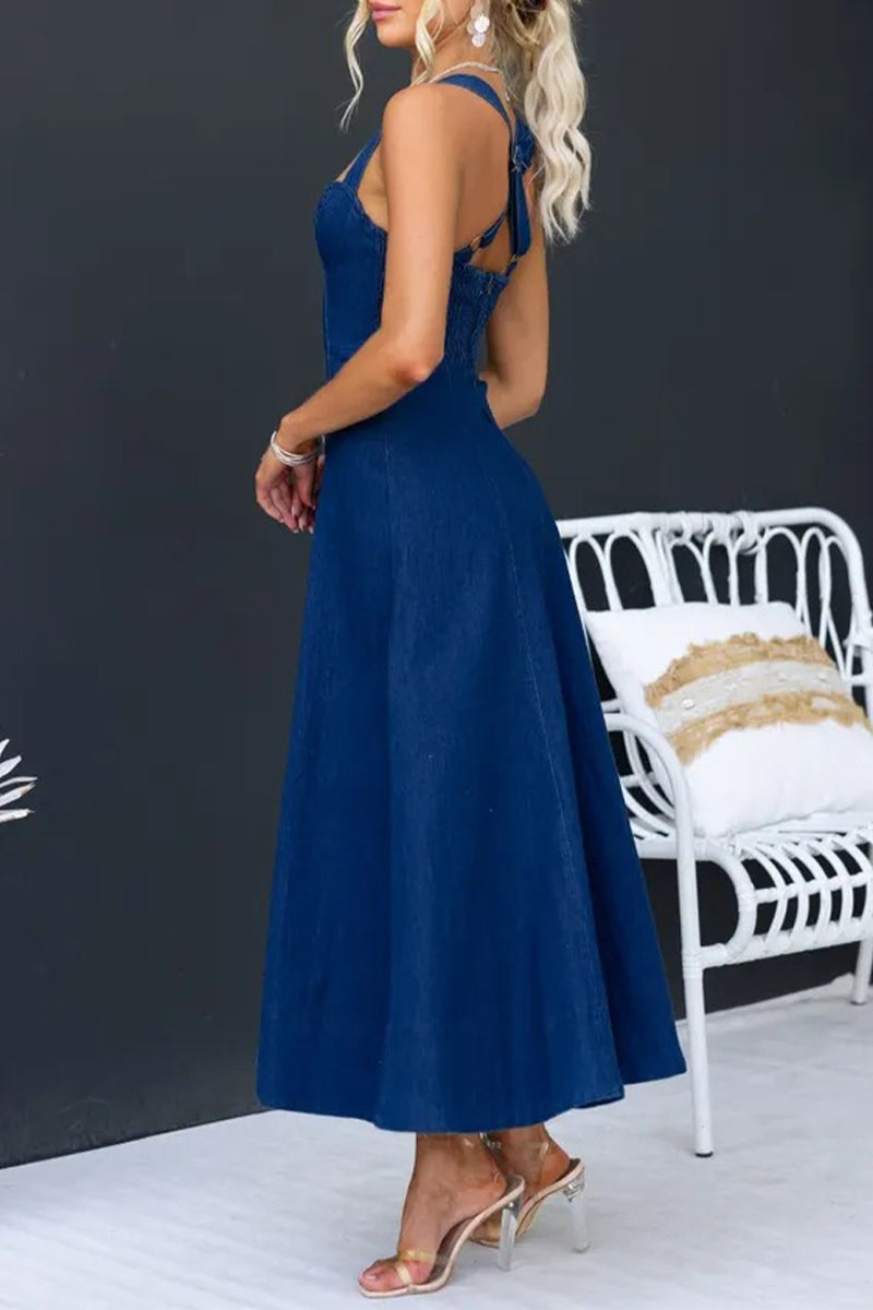 Vestidos vaqueros sexis sin mangas con cuello en U y cremallera sólida