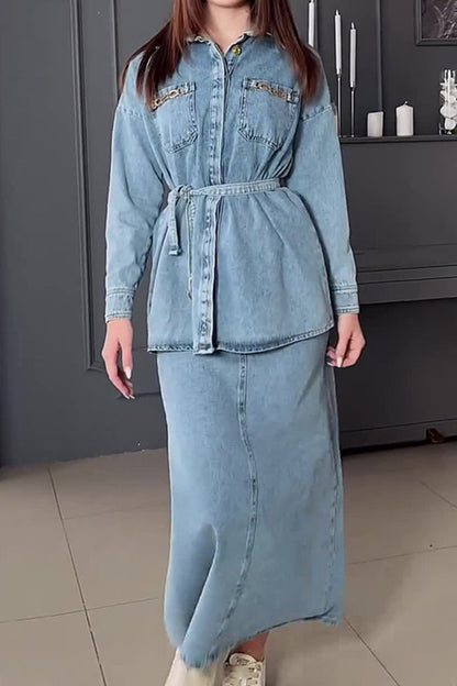 Conjunto de dos piezas informal, sencillo, liso, con vendaje, bolsillo, cuello vuelto, manga larga