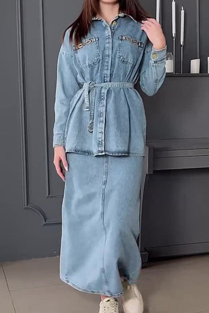 Conjunto de dos piezas informal, sencillo, liso, con vendaje, bolsillo, cuello vuelto, manga larga