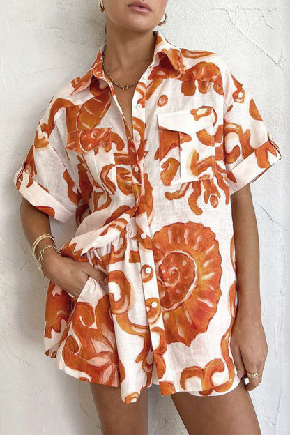 Conjunto informal de dos piezas con cuello vuelto, manga corta y bolsillo estampado sin posicionamiento