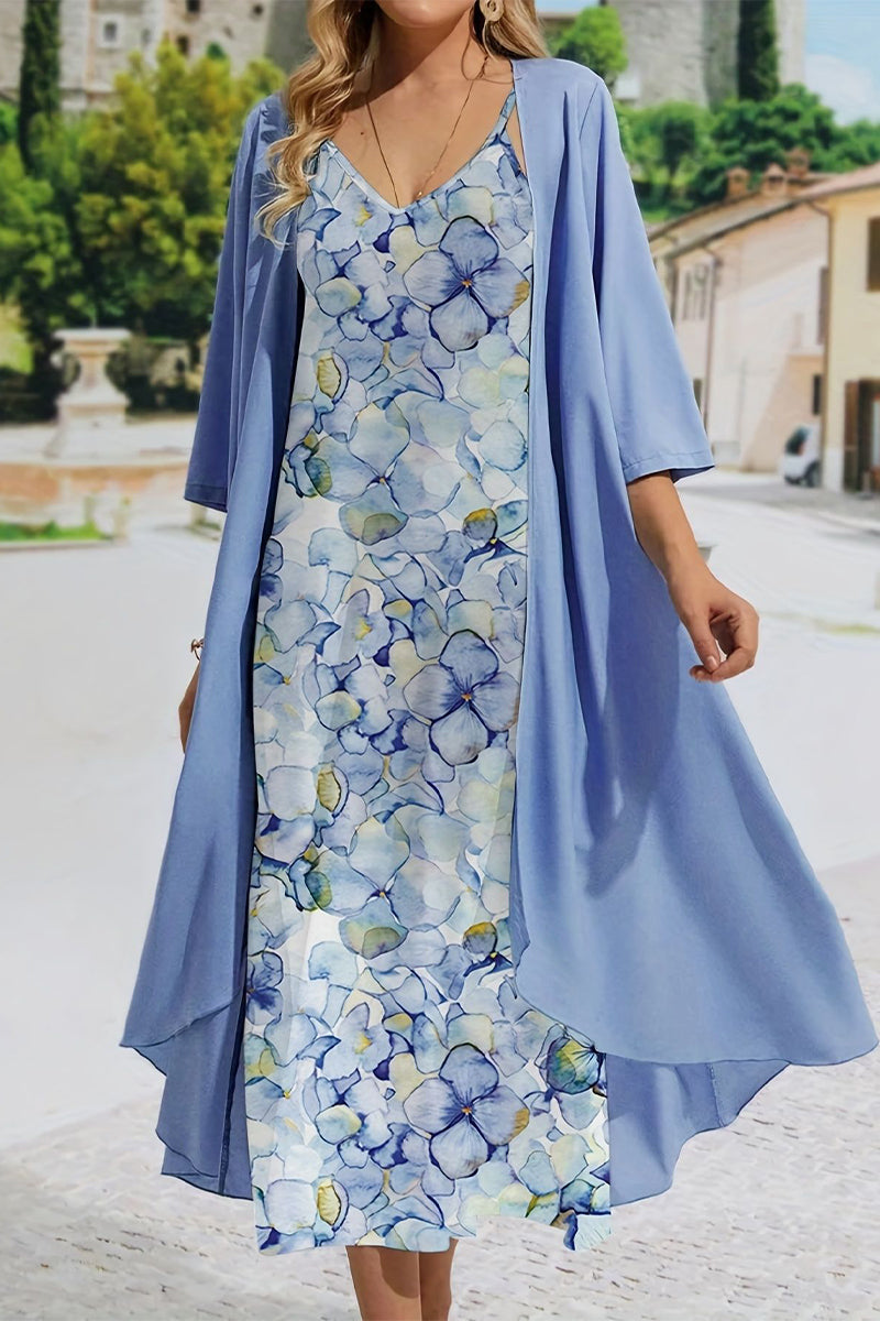 Conjunto de dos piezas con media manga y escote en V con estampado floral sexy