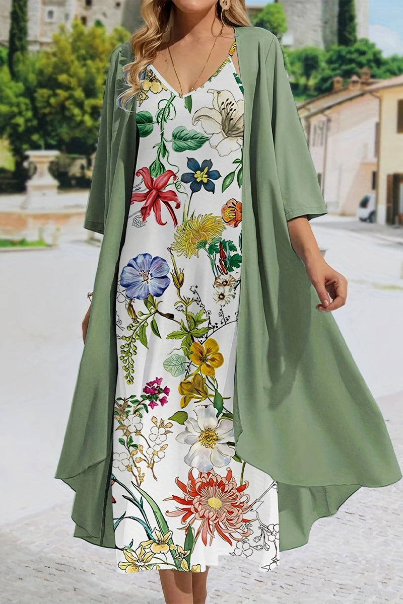 Conjunto de dos piezas con media manga y escote en V con estampado floral sexy