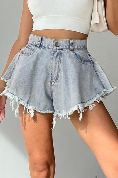 Shorts vaqueros sexys de cintura alta con borlas rasgadas
