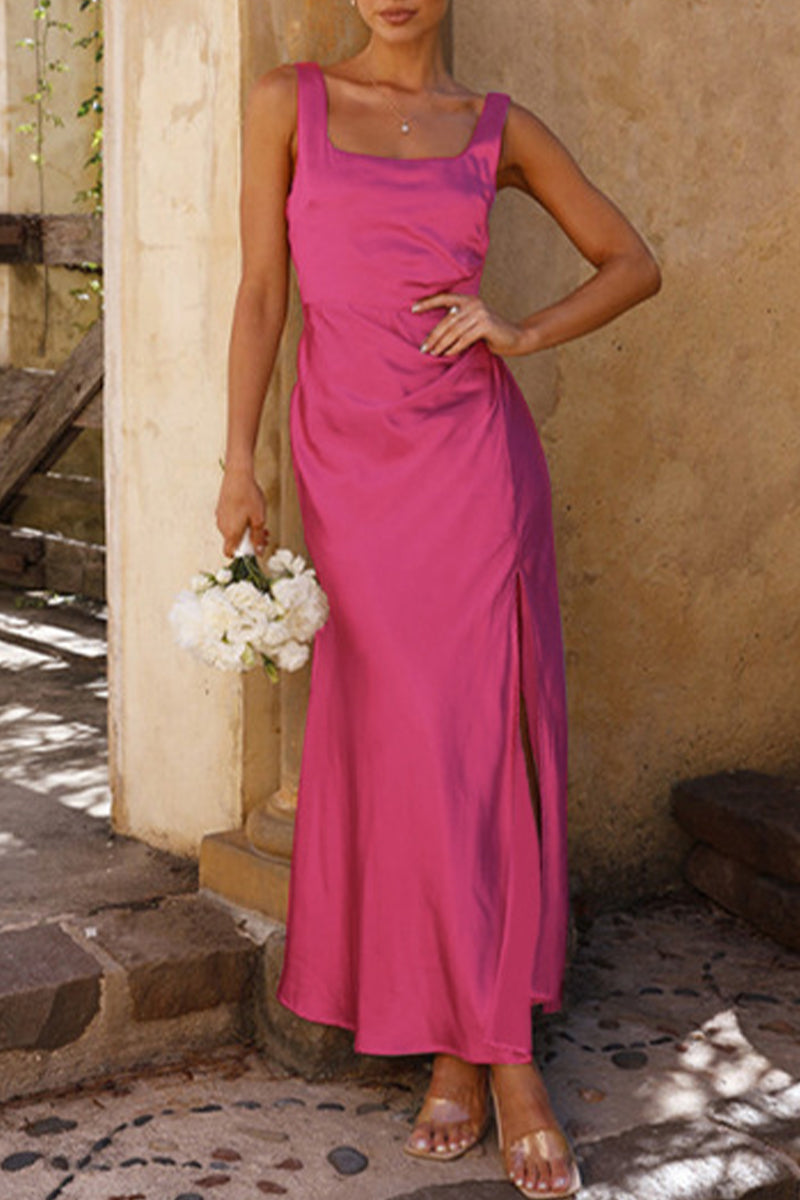 Vestidos de celebridades sexys con falda cruzada, cuello cuadrado, abertura y espalda descubierta (4 colores)