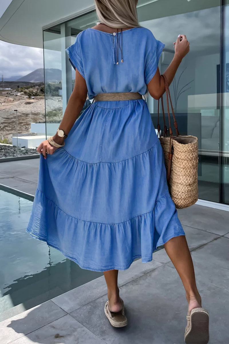 Vestido informal sencillo, liso, sin cinturón, cuello redondo, corte en A, manga corta (sin cinturón)