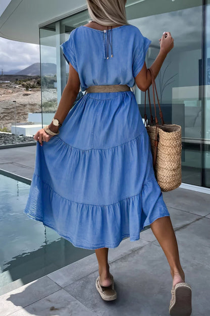 Vestido informal sencillo, liso, sin cinturón, cuello redondo, corte en A, manga corta (sin cinturón)