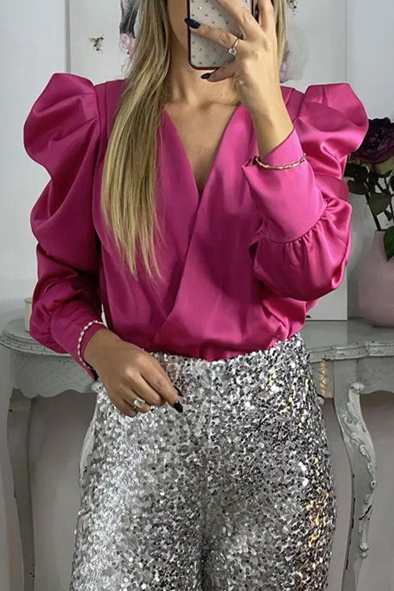 Blusas elegantes de celebridades con cuello en V y pliegues lisos (4 colores)