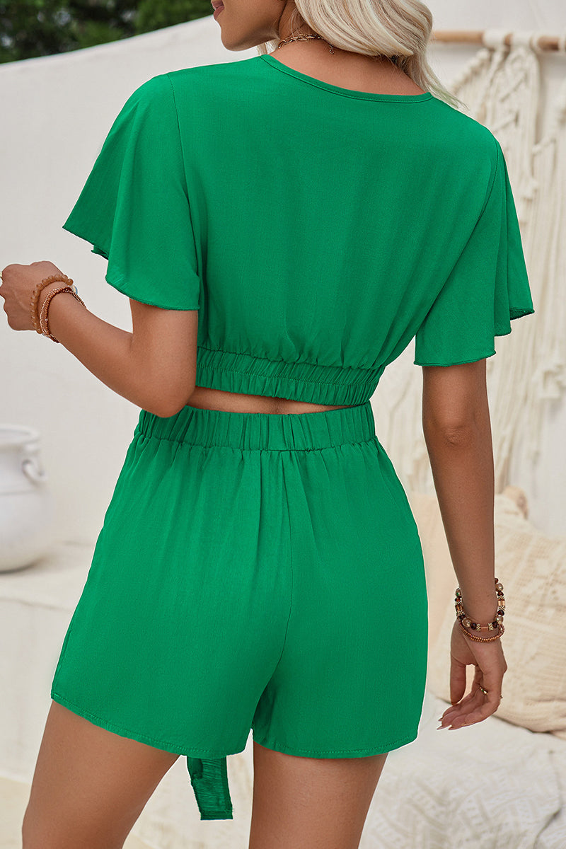 Conjunto de dos piezas sexy de manga corta con escote en V y frenillo liso (3 colores)