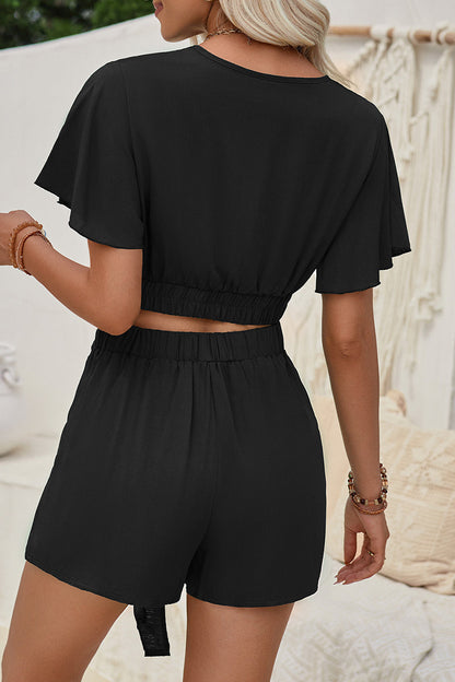 Conjunto de dos piezas sexy de manga corta con escote en V y frenillo liso (3 colores)