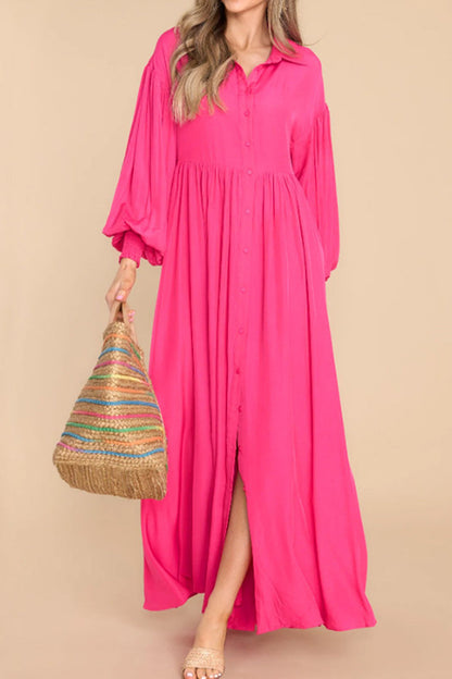 Vestido camisero informal vintage liso con cuello vuelto y pliegues