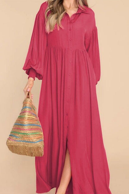 Vestido camisero informal vintage liso con cuello vuelto y pliegues