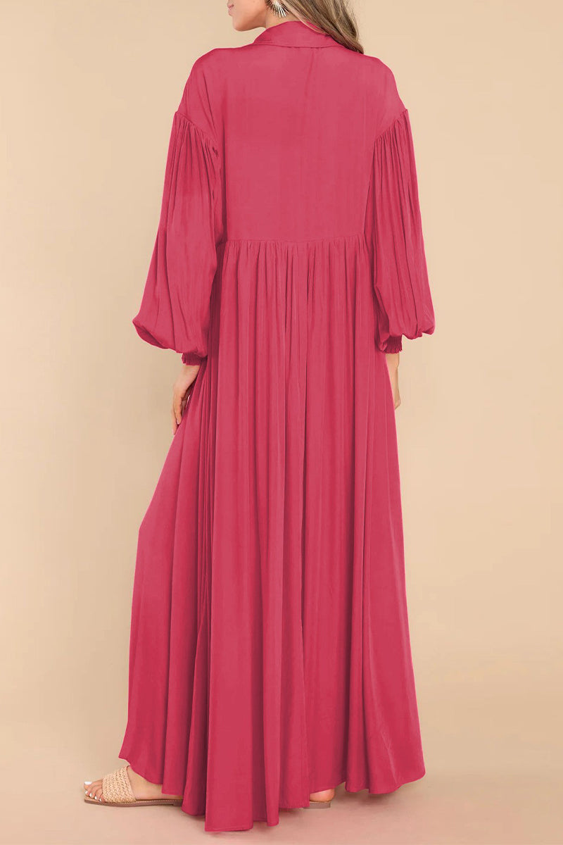 Vestido camisero informal vintage liso con cuello vuelto y pliegues