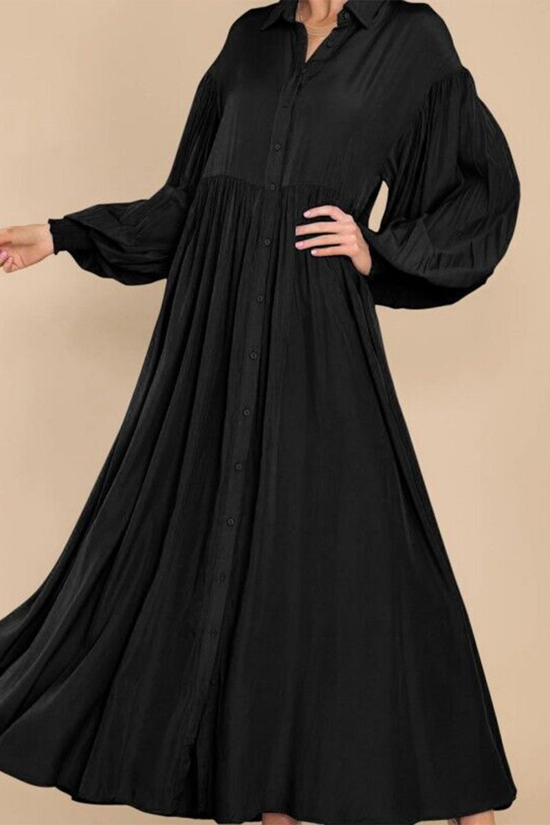 Vestido camisero informal vintage liso con cuello vuelto y pliegues