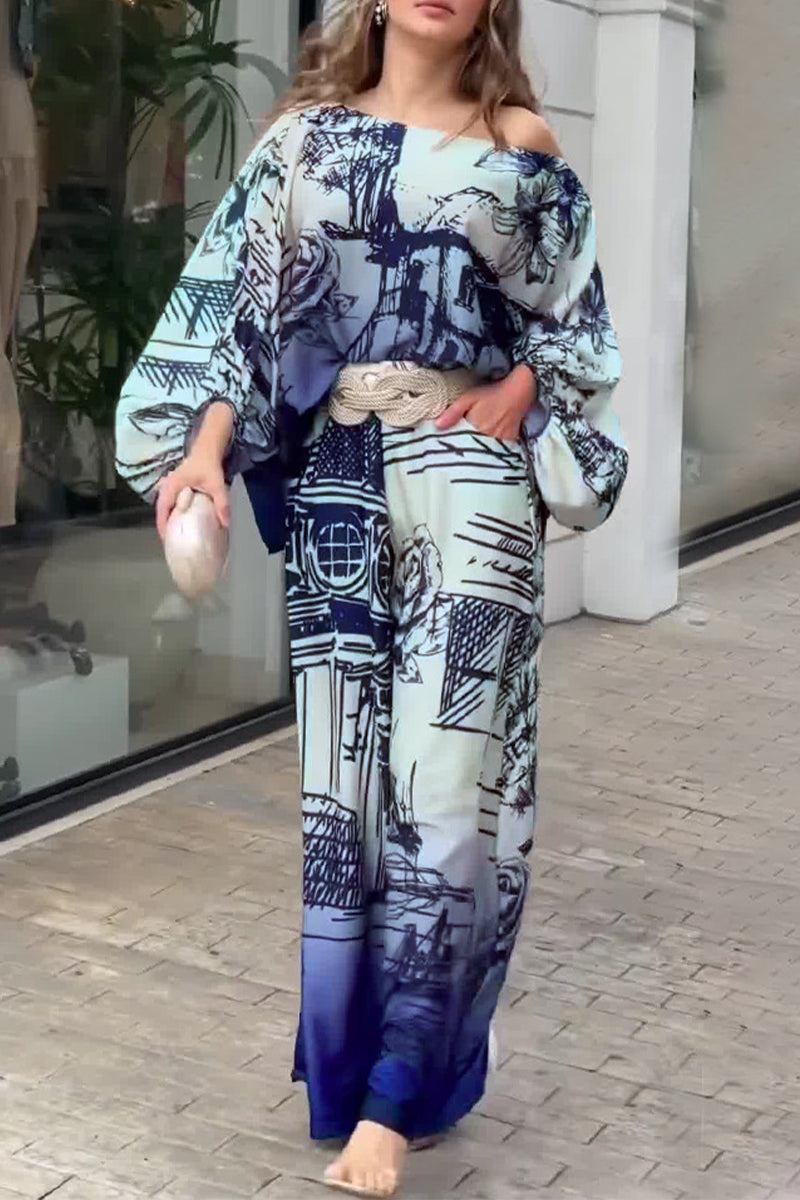 Conjunto de dos piezas de manga larga con cuello oblicuo y bolsillo con estampado elegante de calle