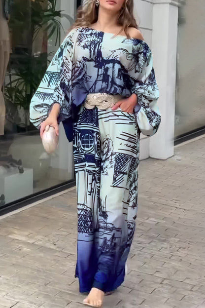 Conjunto de dos piezas de manga larga con cuello oblicuo y bolsillo con estampado elegante de calle