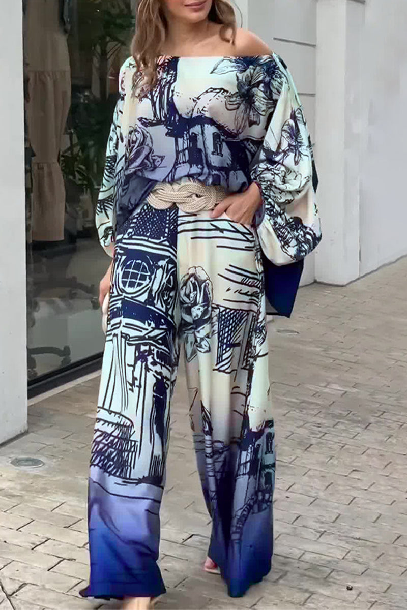 Conjunto de dos piezas de manga larga con cuello oblicuo y bolsillo con estampado elegante de calle