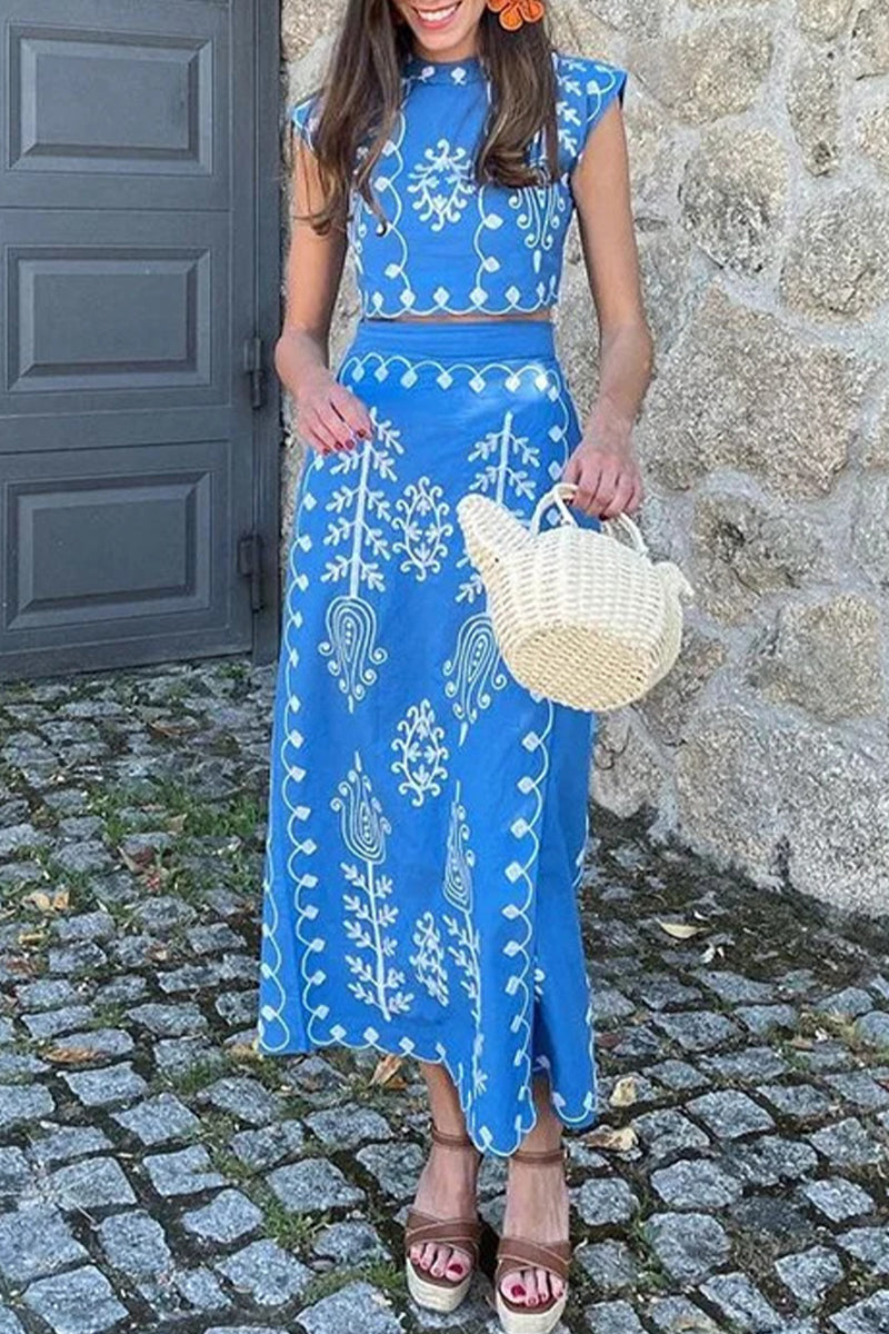 Conjunto informal de dos piezas con estampado geométrico y manga corta tipo vendaje para vacaciones