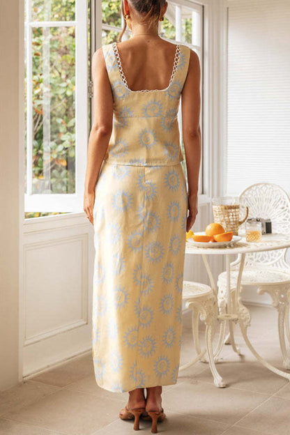 Conjunto de dos piezas sin mangas con cuello cuadrado y abertura con frenillo floral sexy