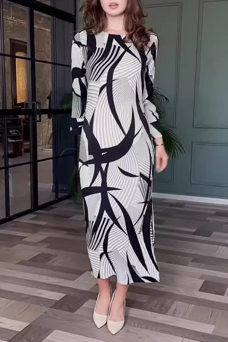 Elegante vestido de corte A con cuello redondo, estampado de rayas y cremallera en el cinturón