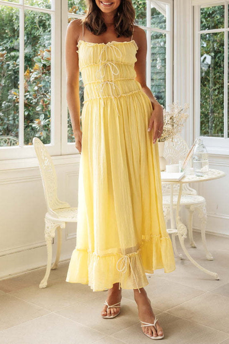 Vestido sexy de vacaciones con escote en U, espalda descubierta y frenillo liso