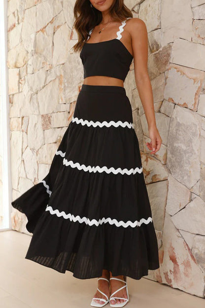 Conjunto de dos piezas sin mangas, cuello cuadrado, elegante y dulce con contraste ondulado