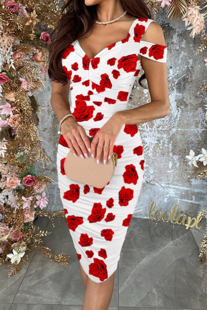 Vestido informal de manga corta con cuello en V y estampado plegable